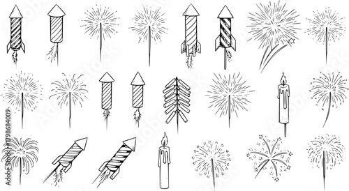 Hand-drawn doodle collection of festive fireworks, rockets, sparklers, and candles. Ideal for celebration, New Year, and holiday designs.