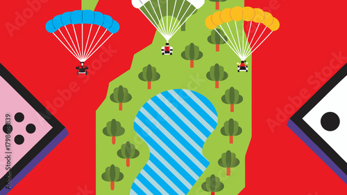 Aerial view of parachuters landing near a lake surrounded by trees and game dice on the sides on transparent background silhouette