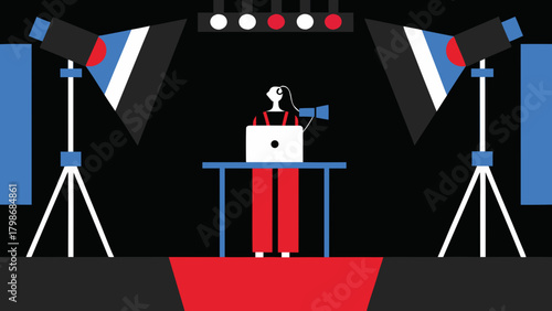 Person on stage with laptop and microphone under stage lights and studio lighting setup visible on transparent background silhouette