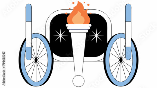 Illustration of a chariot with blue wheels and a torch with flame on a black and white background on transparent background silhouette