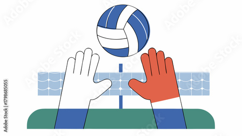 Illustration of a volleyball game with two hands reaching for a blue and white ball over the net on transparent background silhouette