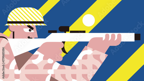 A sniper aims a white rifle against a blue and yellow striped background with focused expression on transparent background silhouette