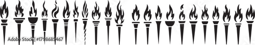 Collection of 22 black and white torch vector designs with flame elements and ancient or modern styles