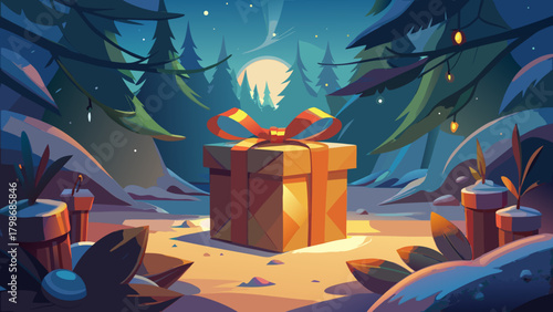 A gift box in a winter forest with a full moon night