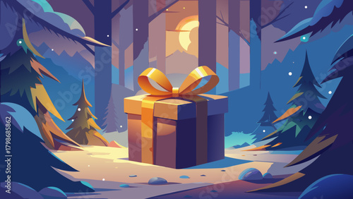 Christmas gift in a snowy winter forest landscape scene
