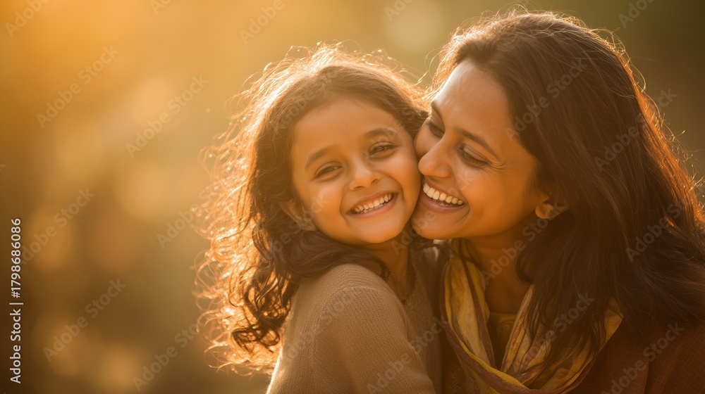 Fototapeta premium Happy Indian Mother and Daughter Smiling Together Outdoors
