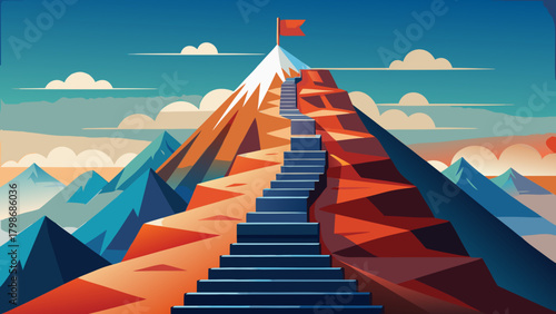 Illustration of mountain peak with stairs and red flag