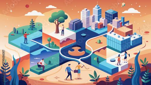 Isometric city landscape with people and buildings art
