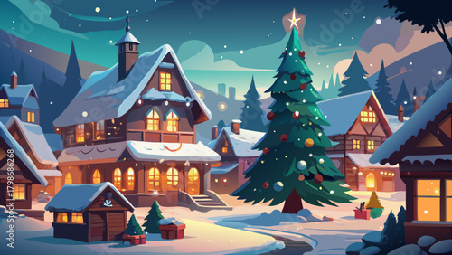 A christmas village scene with a decorated tree and snow