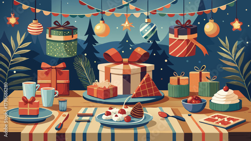Festive christmas table with gifts and decorations art