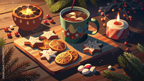 Festive christmas treats and warm drink arrangement