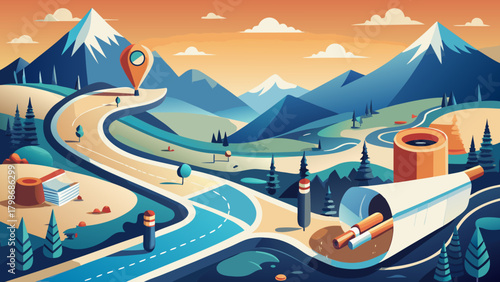 Scenic landscape with winding road and mountain backdrop