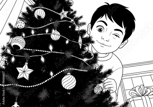 Black and white coloring page of a winking boy peeking from behind a Christmas tree.
