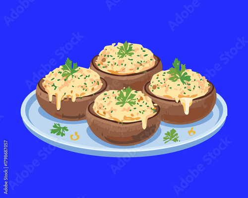 Stuffed Baked Potatoes Topped with Cheese and Sour Cream, Served on a Round Platter for a Comfort Meal - Vector Illustration