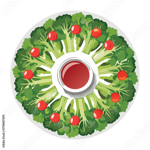Circular Salad Wreath of Greens and Tomatoes with a Central Bowl of Red Dip or Vinaigrette Dressing - Vector Illustration