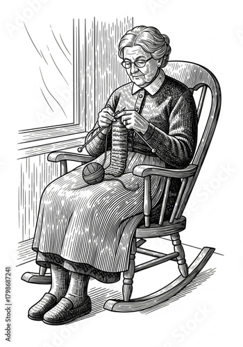 Vintage black and white illustration of an elderly woman knitting in a rocking chair.
