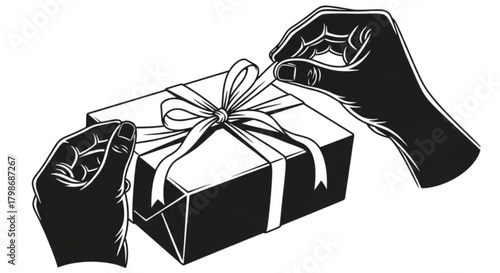 Hands carefully tying a decorative ribbon on a gift box illustration.