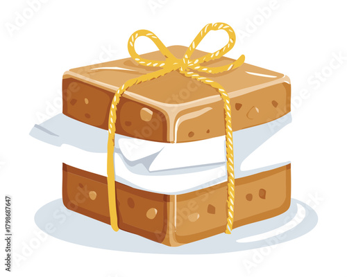 Stack of Layered Fudge or Dessert Squares Tied with a Golden Ribbon and Bow for an Elegant Holiday Gift - Vector Illustration