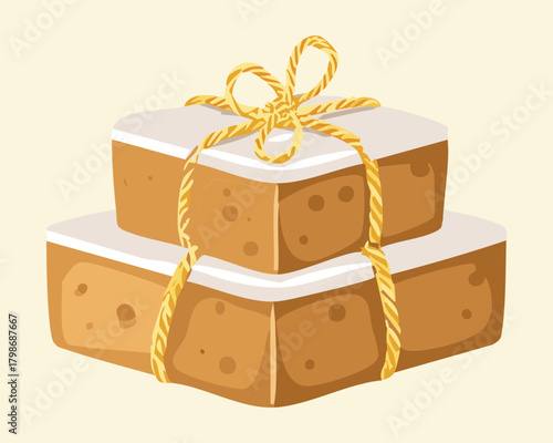 Stack of Layered Dessert Bars or Fudge Tied with a Golden Bow and White String, Ideal for Gifting - Vector Illustration