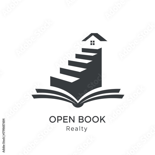 Real Estate Logo Concept with Stairs Rising from an Open Book to a House.