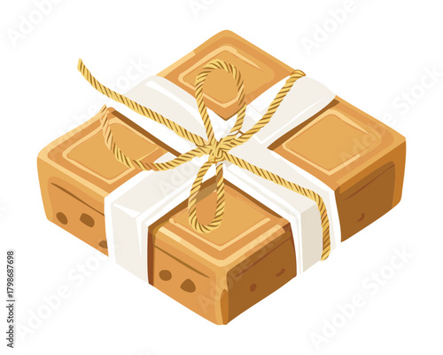 Square Christmas Fudge or Nougat Gift Tied with a Simple White String and Bow for a Sweet Holiday Present - Vector Illustration