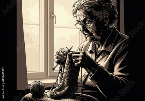 Elderly woman with glasses concentrating on knitting a sock.