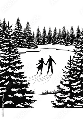 Silhouette of a couple holding hands while ice skating together.