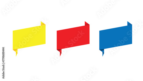 Three folded ribbon banners in primary colors (yellow, red, blue) on a white background. Vector graphic design elements for tags, labels, sales, promotions, and titles.