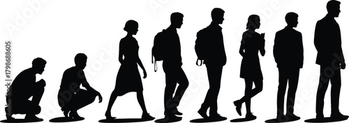 age progression, posture change, childhood to adulthood, aging concept, backpack figures, generational growth, physical transformation, minimalist art, people evolution