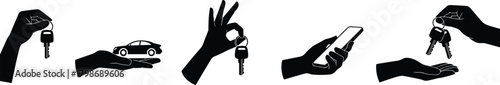 Car key silhouettes, hand gestures, vehicle ownership, mobile access, auto transfer, black icons, rental concept, digital car service, transportation symbols