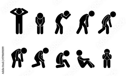 Stickman Depression & Exhaustion Icons – Sad, Tired, Breakdown Emotional Silhouette Set.