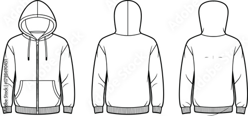 Flat vector illustration of zip up hoodie fashion template with front, back and side views, kangaroo pocket, drawstring hood, ribbed cuffs and hem design