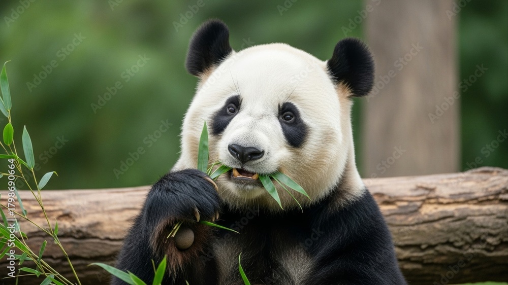 Fototapeta premium Giant Panda Enjoying a Bamboo Meal in Lush Greenery.