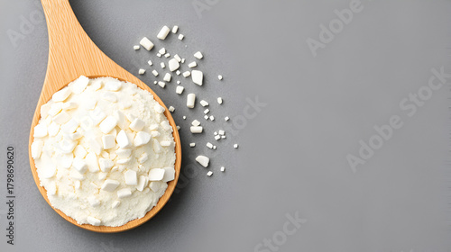 Soy Protein isolate in wooden spoon on grey background, top view. Soy protein helps to improve the functioning of the nervous, circulatory and endocrine systems