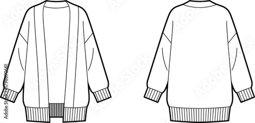 Flat vector illustration of oversized open front cardigan fashion template with ribbed cuffs and hem, long sleeves, relaxed silhouette, apparel outline design