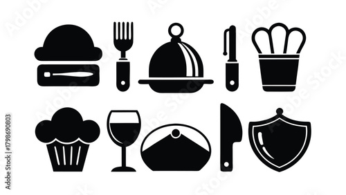 Black Silhouette Icons of Food and Restaurant Utensils on White Background Keywords: food, icons, restaurant, kitchen, cooking, dining, cutlery