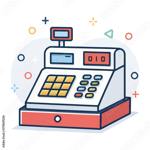 A flat design cash register icon representing business finance