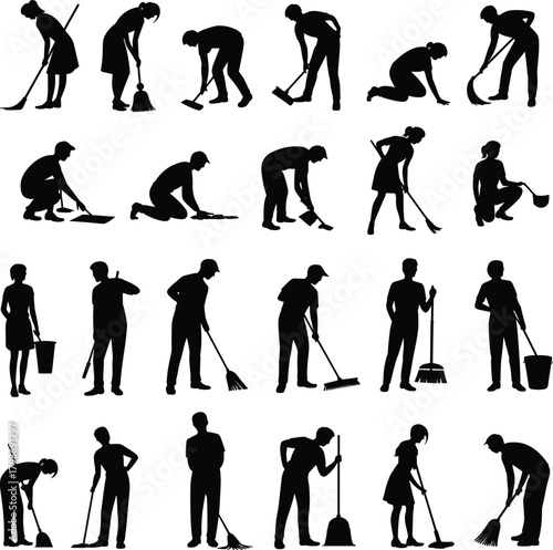 Cleaning, silhouette, janitor, hygiene, mop, broom, vacuum, bucket, dustpan, scrub, posture, worker, chore, sanitation, equipment, service, domestic, grid, tool, maintenance