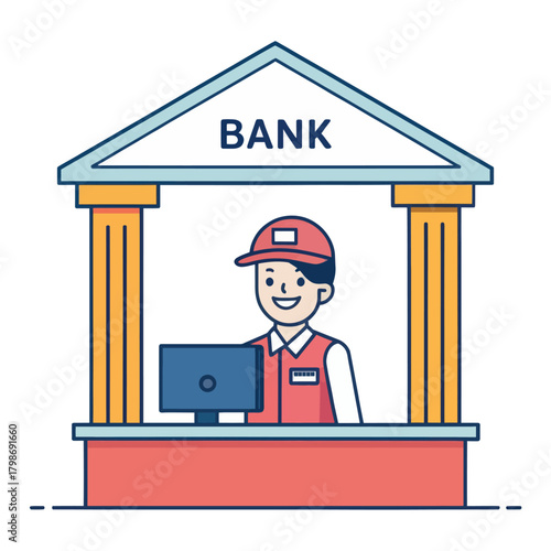 Bank Teller in a Flat Minimal Bold Design Serving Customers