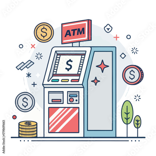 ATM Machine with Money and Currency Icons in Flat Design