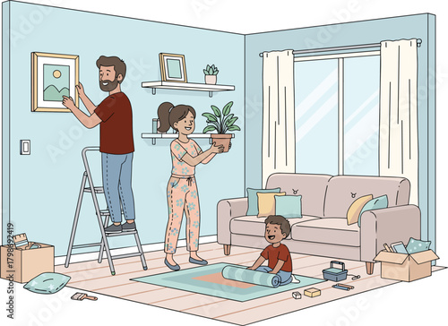 Family home decorating, cozy interior, organizing space, hanging art, potted plant, child playing, unpacking boxes, bonding moment, living room setup, domestic joy