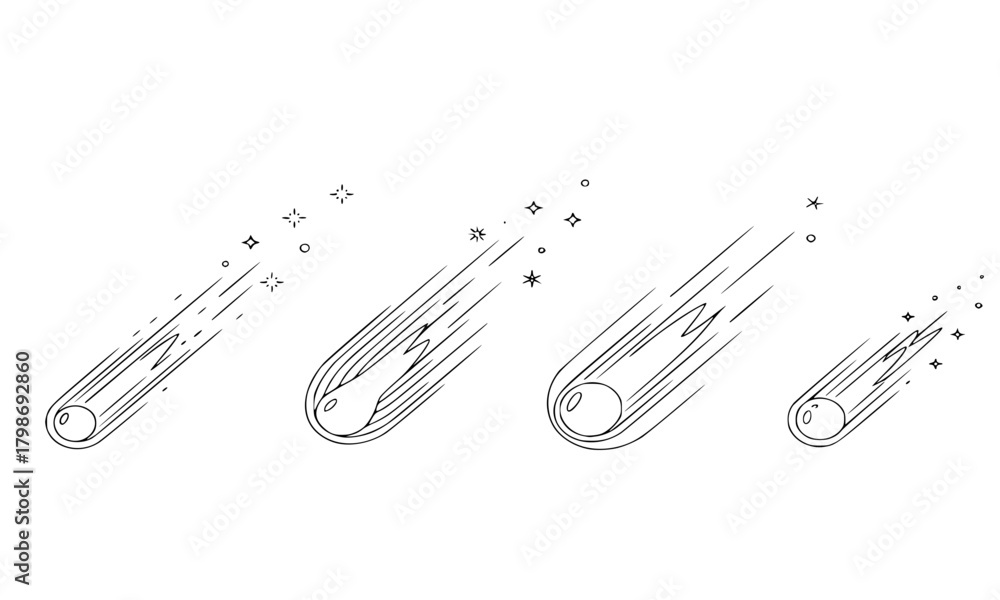 Obraz premium Set of Four Comet or Meteor Line Art Icons. Simple Outline Illustration with Sparkling Trail and Motion Lines for Space, Astronomy, and Speed Concepts.