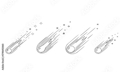Set of Four Comet or Meteor Line Art Icons. Simple Outline Illustration with Sparkling Trail and Motion Lines for Space, Astronomy, and Speed Concepts.