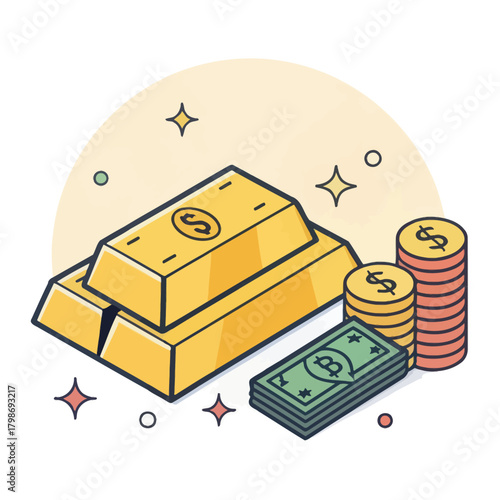 Gold Bar Icon in Flat Design Representing Money and Currency