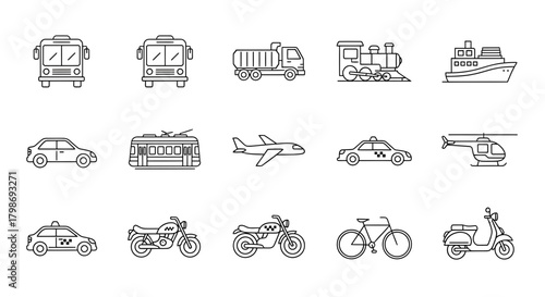 Collection of various transportation vehicles and modes of transit illustrated in a simple line art style for design projects