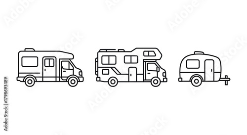 RV and camper illustrations A set of outlined vehicles for camping and travel adventures