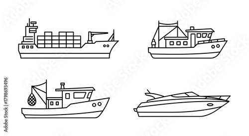 A collection of marine vessel icons in a simple outline style. This set features a cargo ship, fishing trawler, and a speedboat for sea transport themes