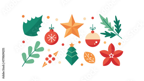 Colorful Christmas Holiday Icons and Elements Collection Keywords: christmas, holiday, colorful, icons, elements, collection, holly, leaves