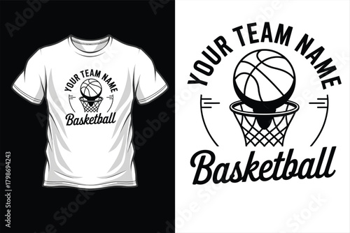 Basketball graphic with ball and net on tshirt mockup