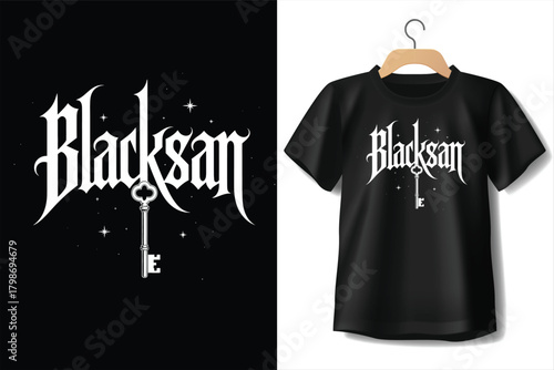 Blacksan gothic font logo with key and stars on black tshirt